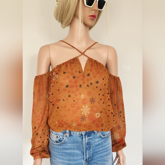 ZARA BROWN FLORAL LIGHTWEIGHT CRISS CROSS OF THE SHOULDER CHIFFON BLOUSE TOP XS - Picture 1 of 11